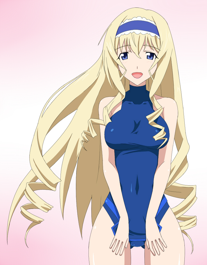 1girl, ass_visible_through_thighs, bare_shoulders, blonde_hair, blue_eyes, blue_hairband, blue_leotard, breasts