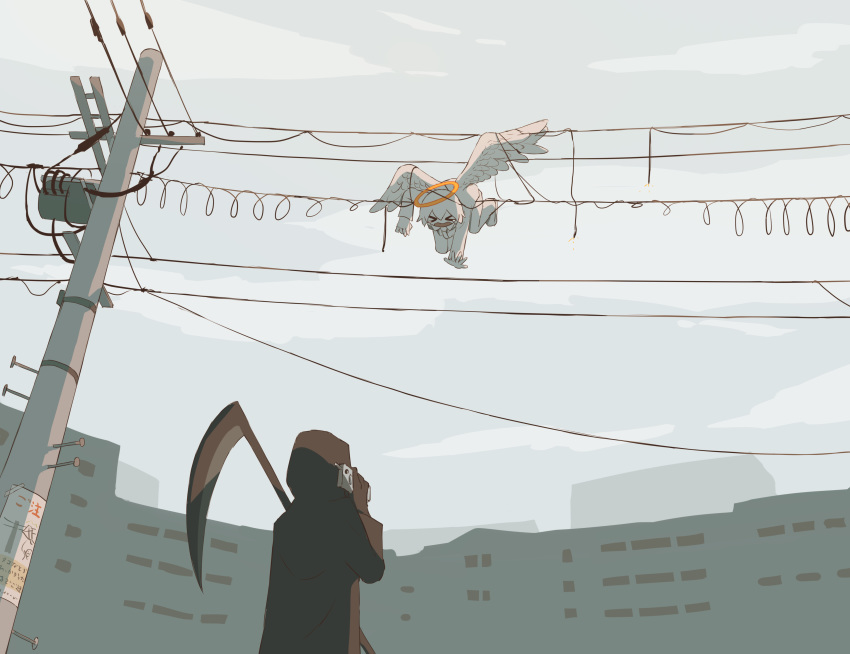 >_<, absurdres, angel, angel_wings, avogado6, building, cable, cellphone