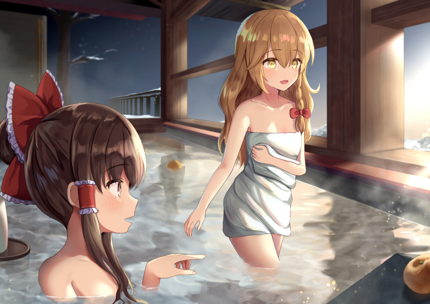 2girls, bare_tree, bathing, blonde_hair, braid, brown_eyes, brown_hair, commentary_request