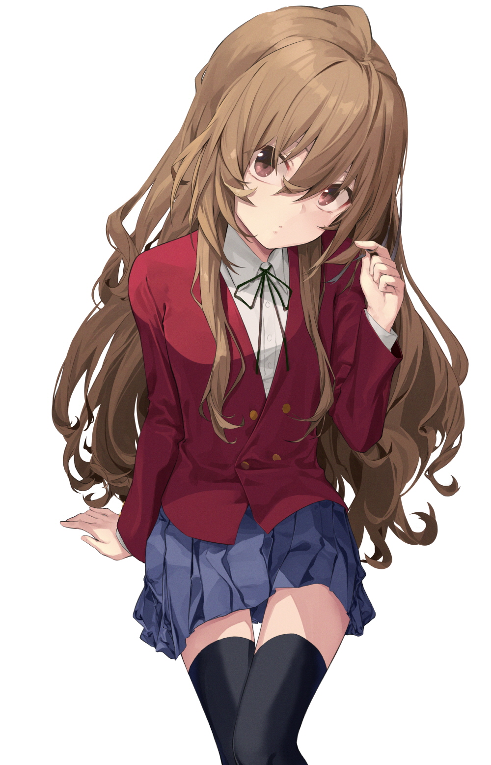 1girl, aisaka_taiga, arm_support, black_legwear, blazer, blue_skirt, brown_hair, buttons