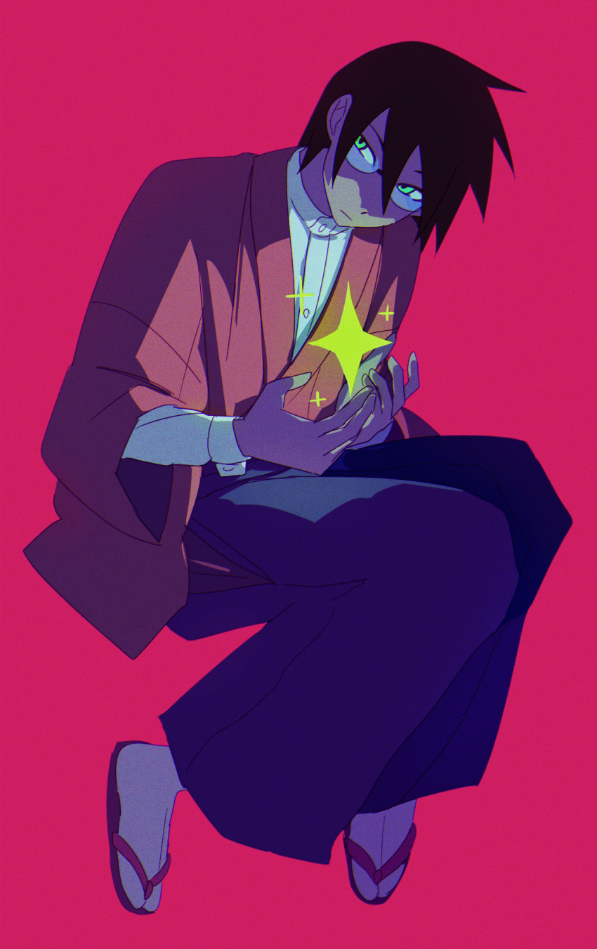 1boy, black_hair, blue_hakama, buttons, closed_mouth, cupping_hands, expressionless, floating, full_body, geta, glasses, glowing, glowing_eyes, green_eyes, hakama, hands_up, head_tilt, highres, itoshiki_nozomu, japanese_clothes, kimono, knees_together_feet_apart, looking_to_the_side, magusagari, male_focus, pink_background, red_kimono, sayonara_zetsubou_sensei, shaded_face, simple_background, sparkle, spiky_hair, tabi, white_legwear