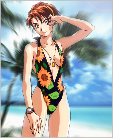 1990s_(style), 1girl, arm_up, beach, casual_one-piece_swimsuit, center_opening, cowboy_shot, day