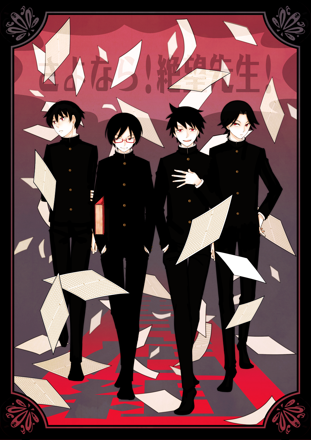 4boys, aoyama_(szs), arm_at_side, arm_behind_back, bangs, black_border, black_footwear, black_hair