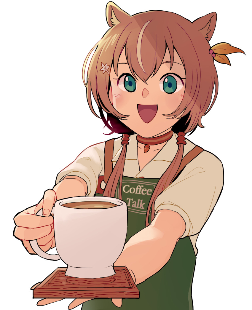 1girl, animal_ears, apron, ayunda_risu, brown_hair, choker, coffee, coffee_mug, coffee_talk, cup, green_eyes, hair_ornament, hairclip, highres, hololive_indonesia, looking_at_viewer, low_twintails, malammart, mug, open_mouth, solo, squirrel_ears, squirrel_girl, twintails, virtual_youtuber