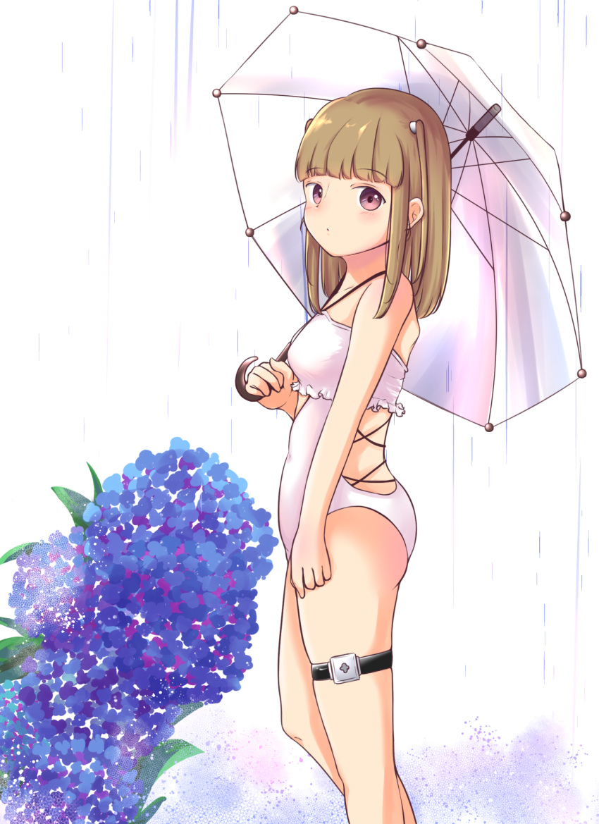 1girl, bangs, blunt_bangs, brown_eyes, casual_one-piece_swimsuit, feet_out_of_frame, flower, frilled_sweater