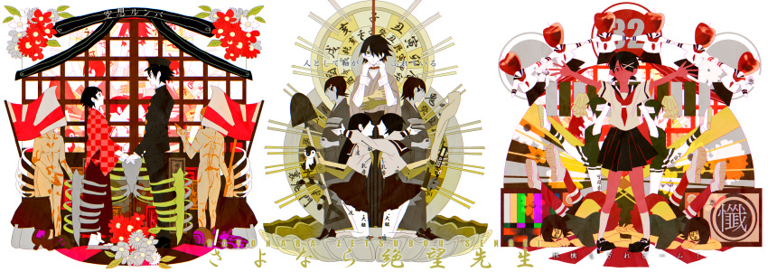 1boy, 4girls, abstract, armpits, back-to-back, bandages, bangs, baseball_bat