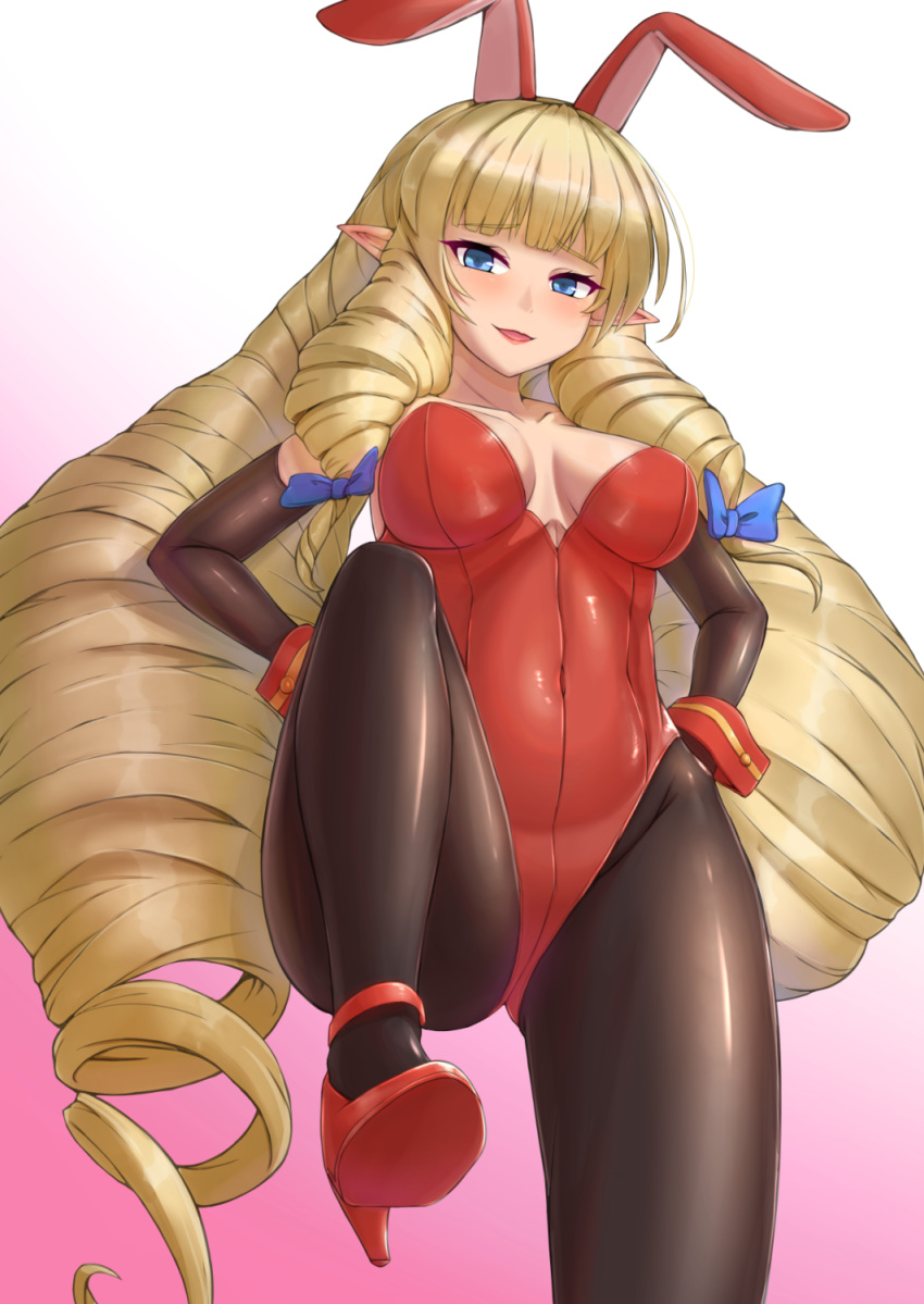 1girl, animal_ears, bangs, black_legwear, blonde_hair, blue_bow, blue_eyes, blush