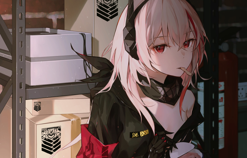 1girl, armband, bandana, black_bandana, black_legwear, blonde_hair, box, cardboard_box