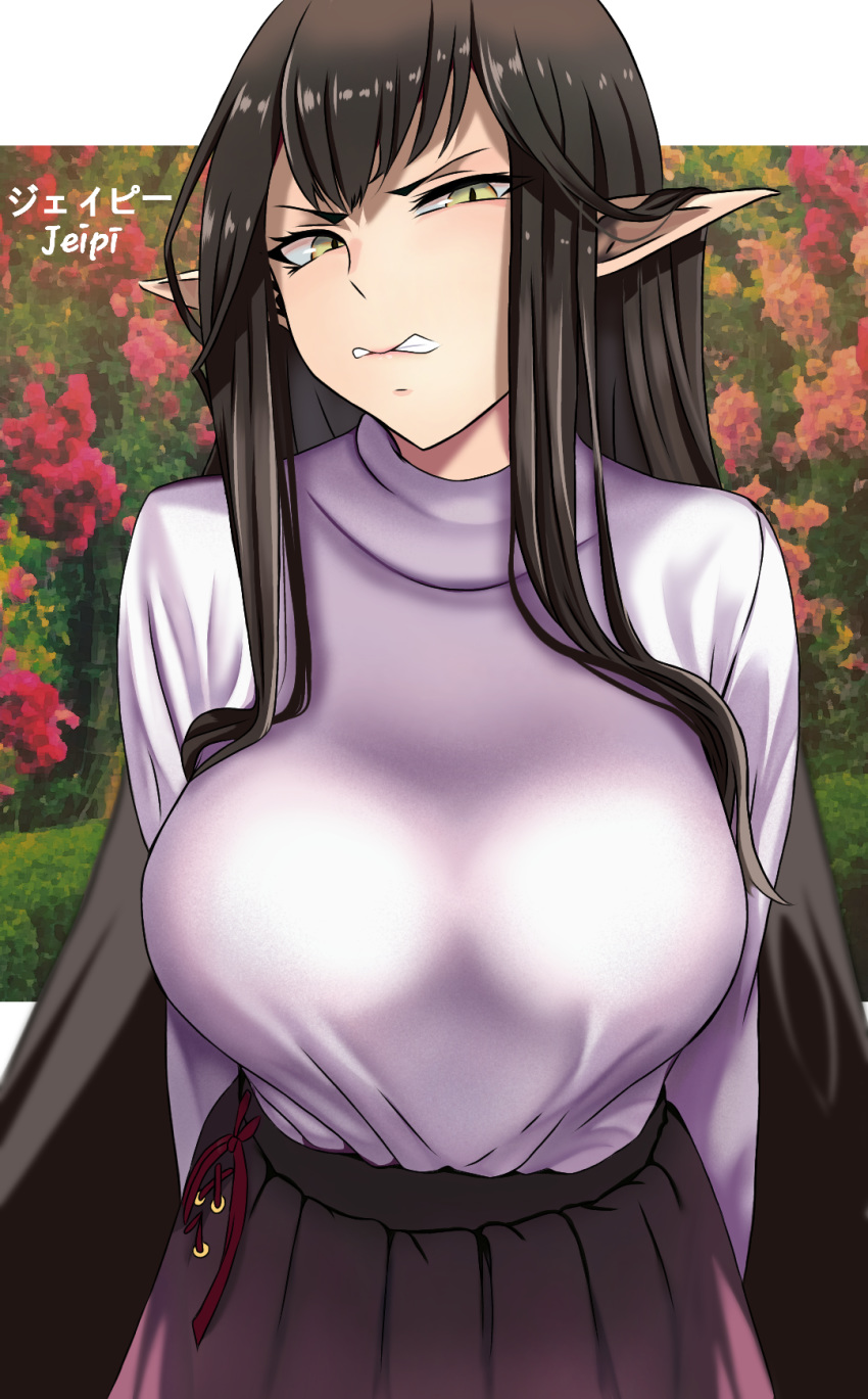 1girl, artist_name, black_hair, breasts, fate/apocrypha, fate_(series), flower, highres, john_mangalile, large_breasts, long_hair, pointy_ears, scowl, semiramis_(fate), skirt, very_long_hair, yellow_eyes
