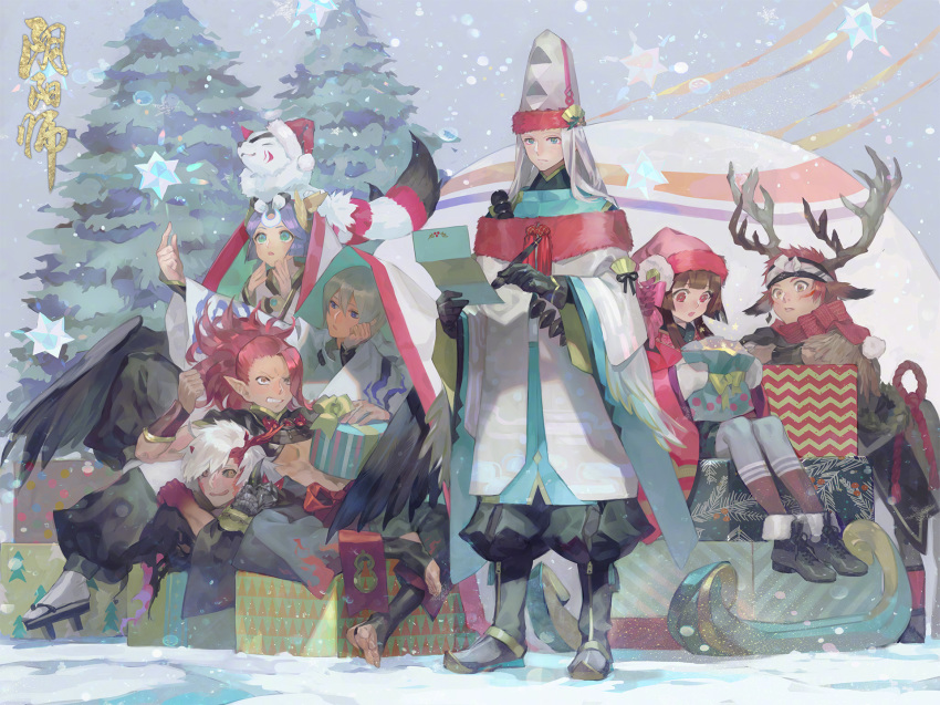 2girls, 6+boys, :o, abe_no_seimei_(onmyoji), alternate_costume, alternate_headwear, angry, antlers