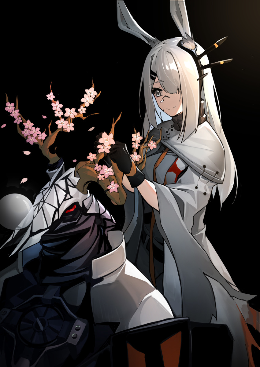 1boy, 1girl, absurdres, animal_ears, arknights, bangs, black_background, black_gloves