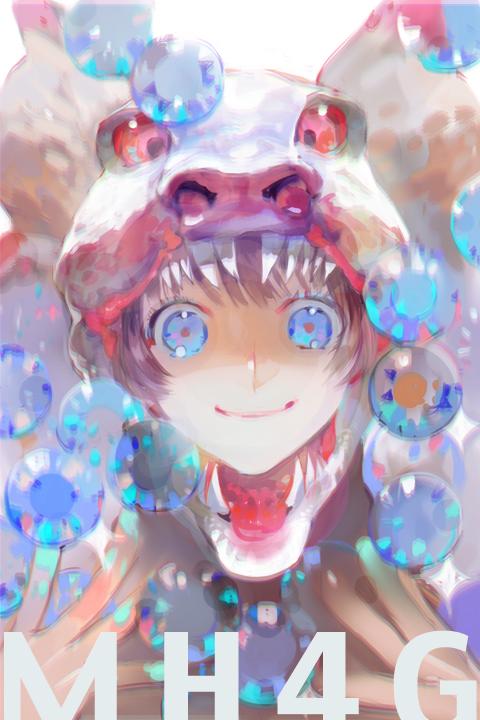 1girl, armor, blue_eyes, brown_hair, chromatic_aberration, jaggi_(armor), mask, monster_hunter