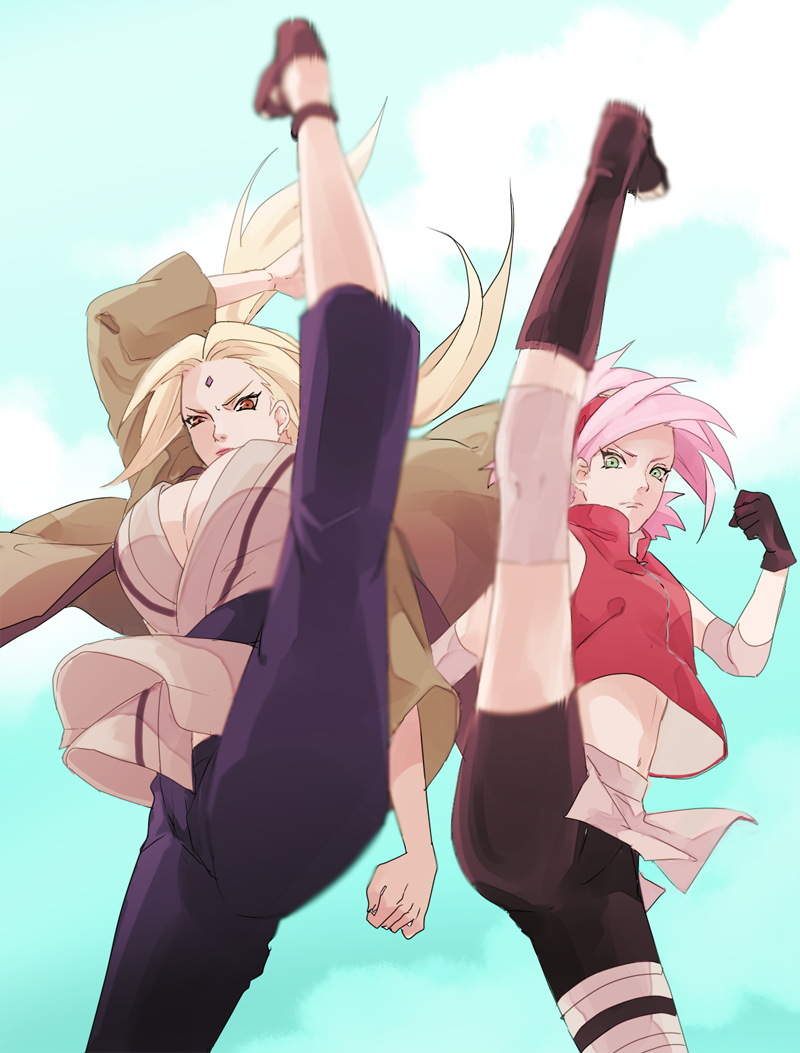 1girl, 2girls, axe_kick, blonde_hair, breasts, facial_mark, forehead_mark, green_eyes