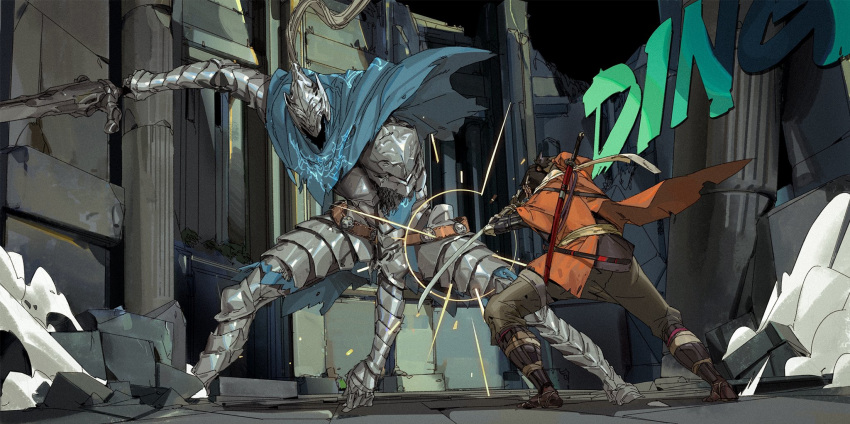 2boys, armor, artorias_the_abysswalker, battle, commentary, company_connection, cross, dark_souls, duel, fighting, from_software, full_armor, helmet, highres, knight, male_focus, multiple_boys, ninja, sekiro, sekiro:_shadows_die_twice, souls_(from_software), tooboshoo