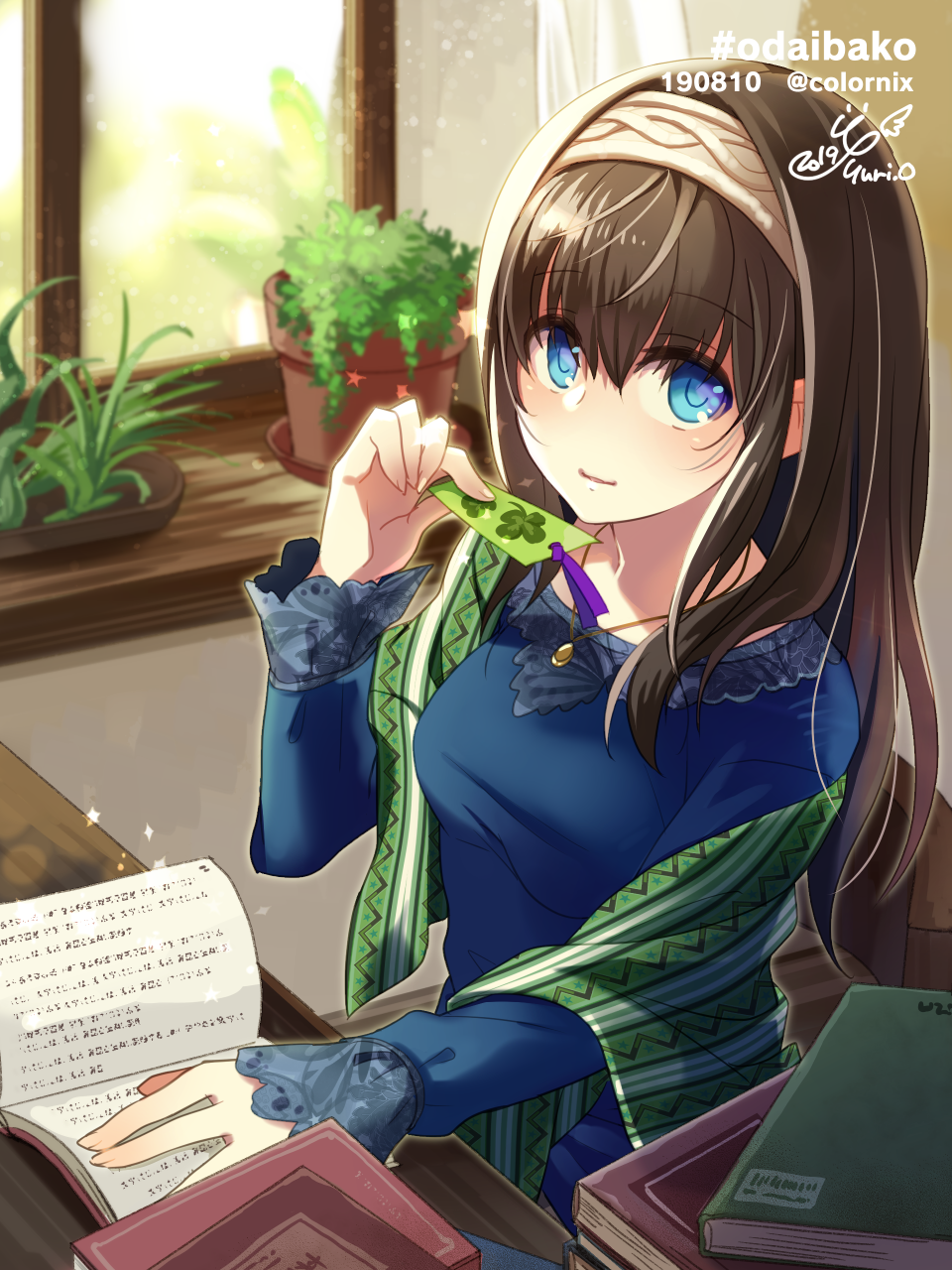 1girl, black_hair, blue_eyes, blue_shirt, blush, book, book_stack, bookmark