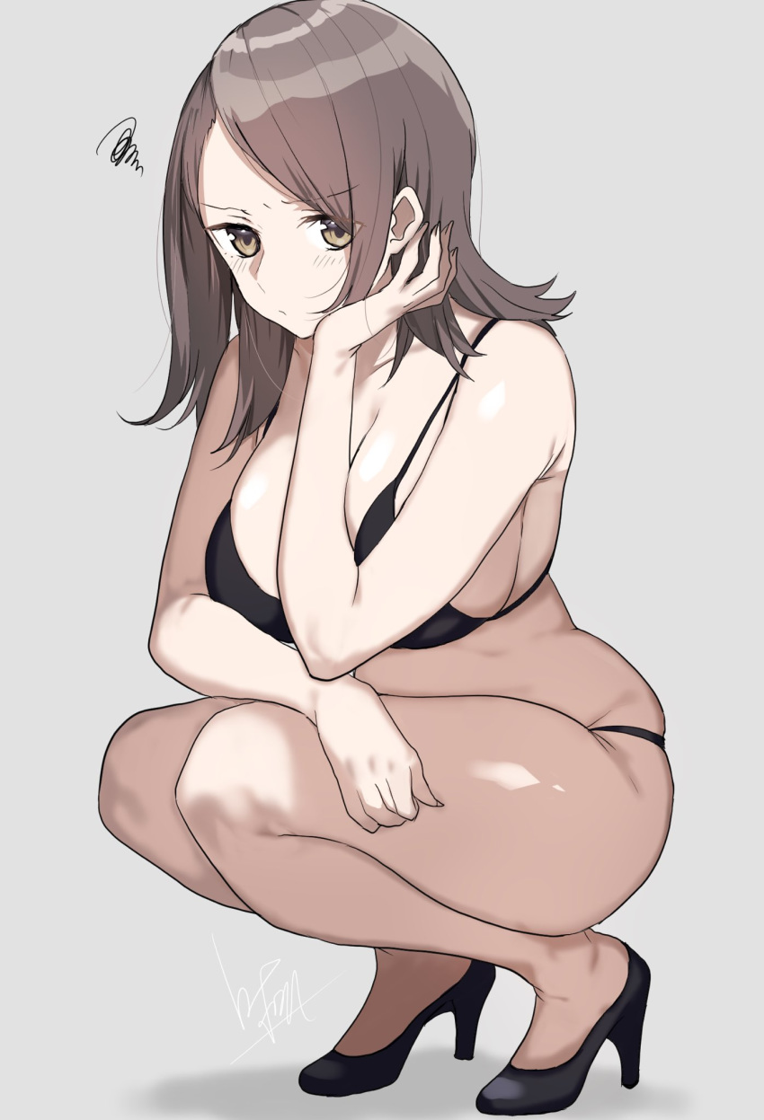 1boy, bangs, bare_shoulders, bikini, black_bikini, black_footwear, breasts, brown_eyes