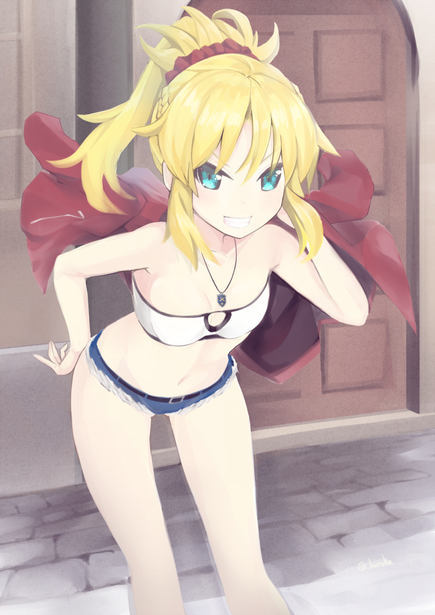 1girl, aqua_eyes, bandeau, bangs, blonde_hair, braid, breasts, commentary_request