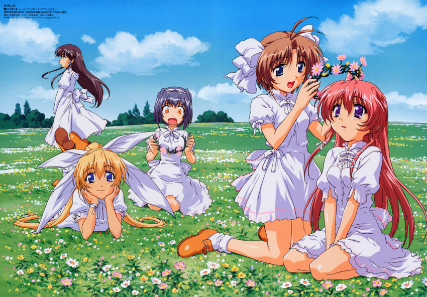5girls, blonde_hair, blue_hair, brown_hair, cloud, dress, flower, flower_field