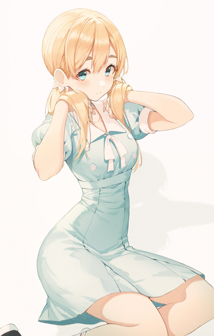 1girl, absurdres, alternate_hairstyle, bangs, blonde_hair, blue_eyes, bow, commentary, dress, english_commentary, hair_between_eyes, hair_bow, hands_in_hair, highres, k-on!, kotobuki_tsumugi, long_hair, looking_at_viewer, low_twintails, parted_lips, pro-p, puffy_short_sleeves, puffy_sleeves, short_sleeves, simple_background, singing!, sitting, solo, thick_eyebrows, twintails, white_bow, yokozuwari