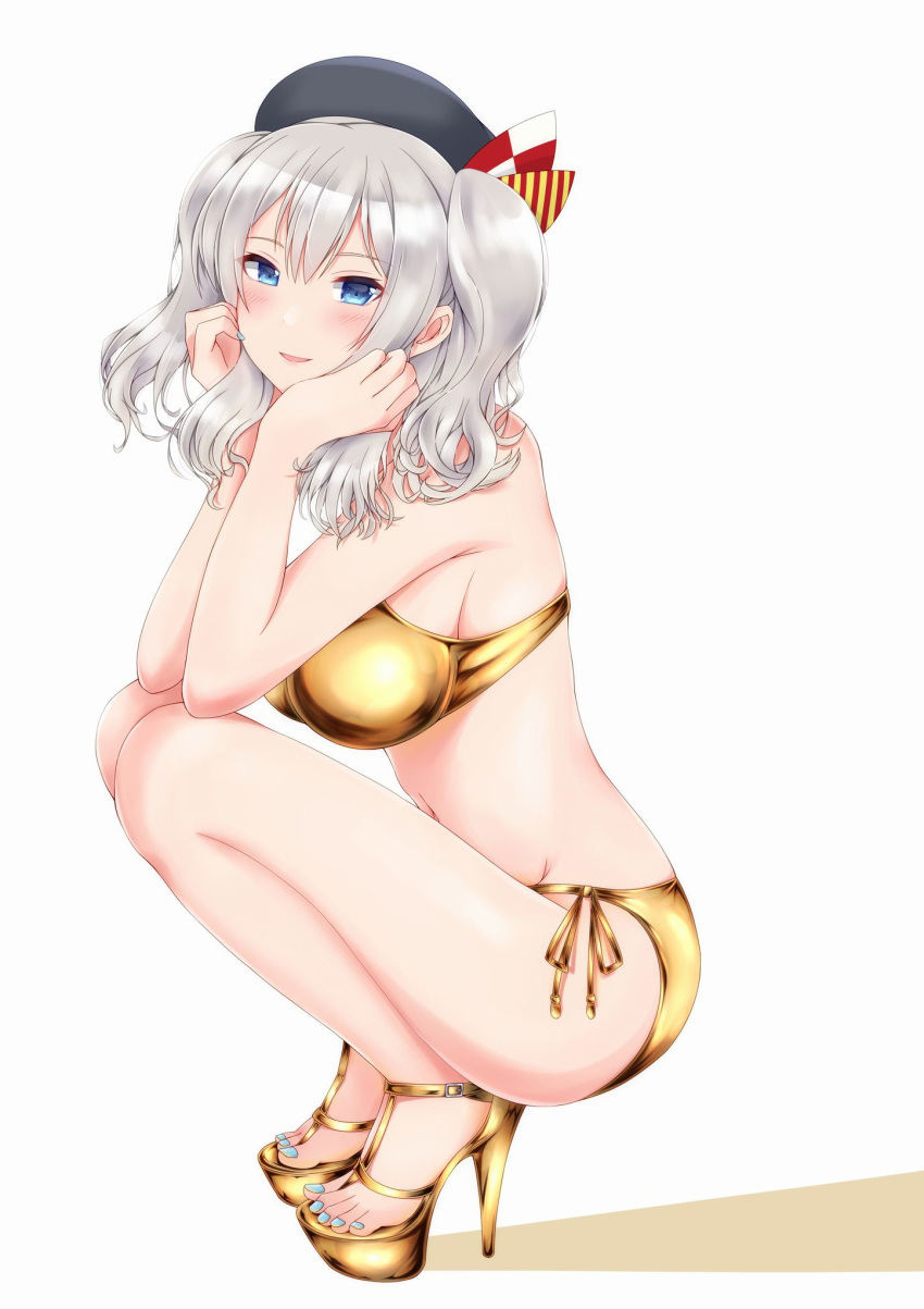1girl, beret, bikini, black_headwear, blue_eyes, breasts, commentary_request, full_body