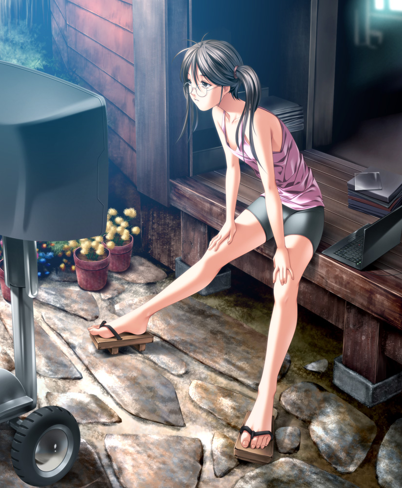 bike_shorts, black_eyes, black_hair, computer, feet, flower, fujoshi, geta