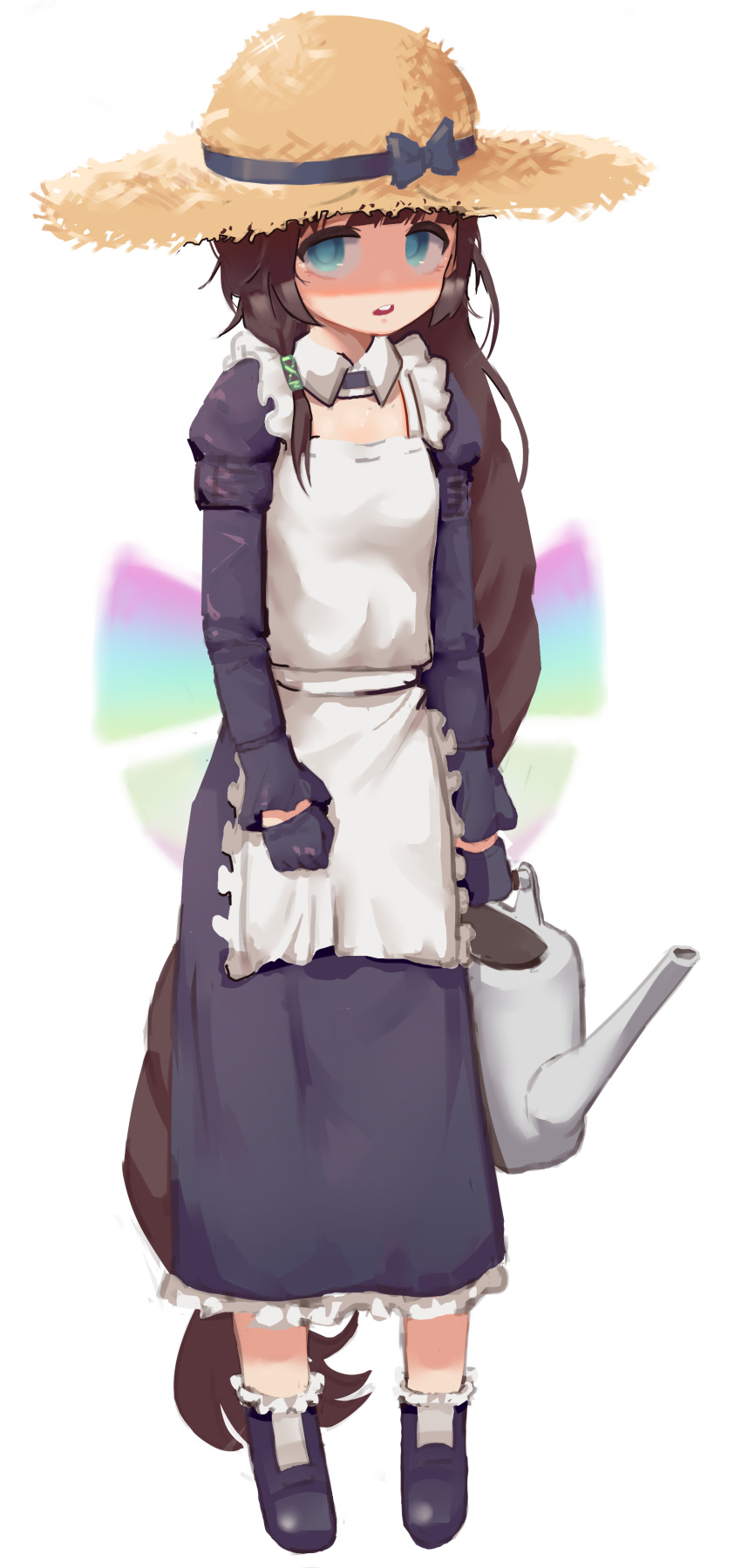 1girl, absurdres, apron, bangs, blue_eyes, brown_hair, daphne_(last_origin), dress