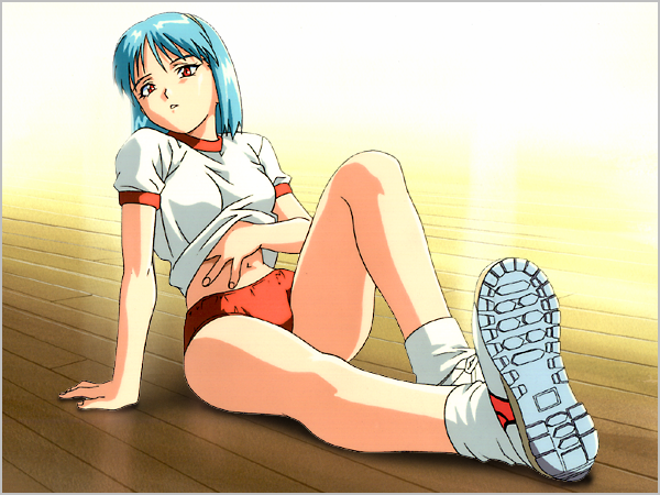 1990s_(style), 1girl, buruma, gym_uniform, hand_on_own_stomach, koizumi_hitomi, light_blue_hair, looking_at_viewer
