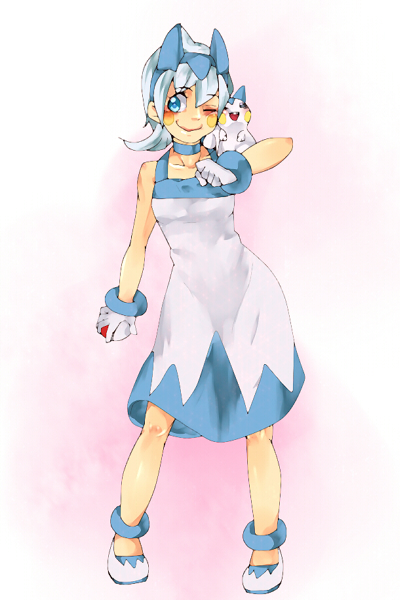 1girl, ankle_cuffs, arm_at_side, bangs, blue_anklet, blue_choker, blue_dress, blue_eyes, blue_hairband, blush, cheek-to-cheek, choker, collarbone, commentary_request, cosplay, dress, eyebrows_visible_through_hair, full_body, gen_4_pokemon, gloves, hairband, hand_up, holding, holding_poke_ball, jewelry, ka_(cggc), knees, looking_to_the_side, on_shoulder, one_eye_closed, pachirisu, pachirisu_(cosplay), pigeon-toed, poke_ball, poke_ball_(generic), pokemon, pokemon_(creature), pokemon_(game), pokemon_battle_revolution, pokemon_on_shoulder, shoes, silver_hair, smile, standing, tail_(pokemon), two-tone_dress, white_dress, white_gloves, wrist_cuffs