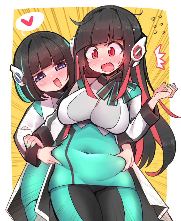 2girls, android, as_(kamen_rider_01), bangs, belly_grab, black_hair, blue_eyes, blush, covered_navel, ditienan_ddn, emphasis_lines, fang, fang_out, green_nails, heart, heart_eyes, humagear_headphones, is_(kamen_rider_01), kamen_rider, kamen_rider_01_(series), long_hair, mechanical_ears, multiple_girls, open_mouth, plump, red_eyes, short_hair, skin_tight, surprised, v-shaped_eyebrows