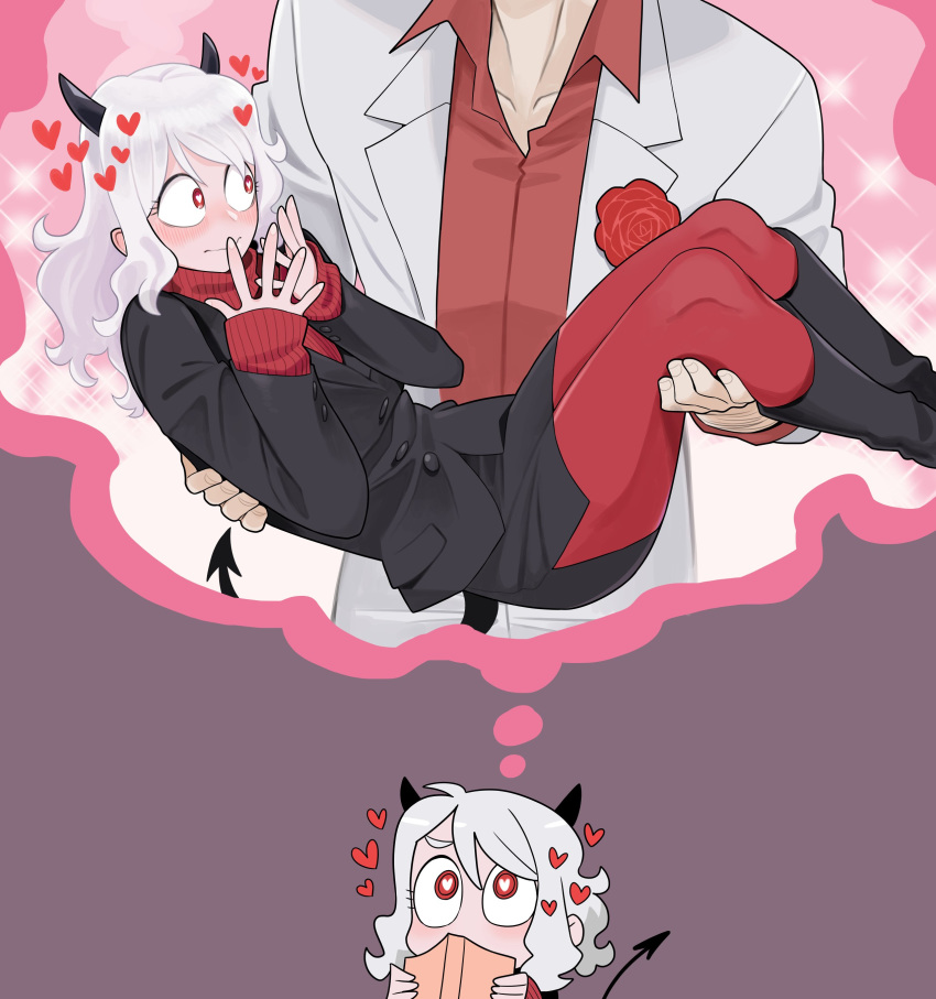 1boy, 1girl, absurdres, ass, blush, boots, carrying, demon_girl