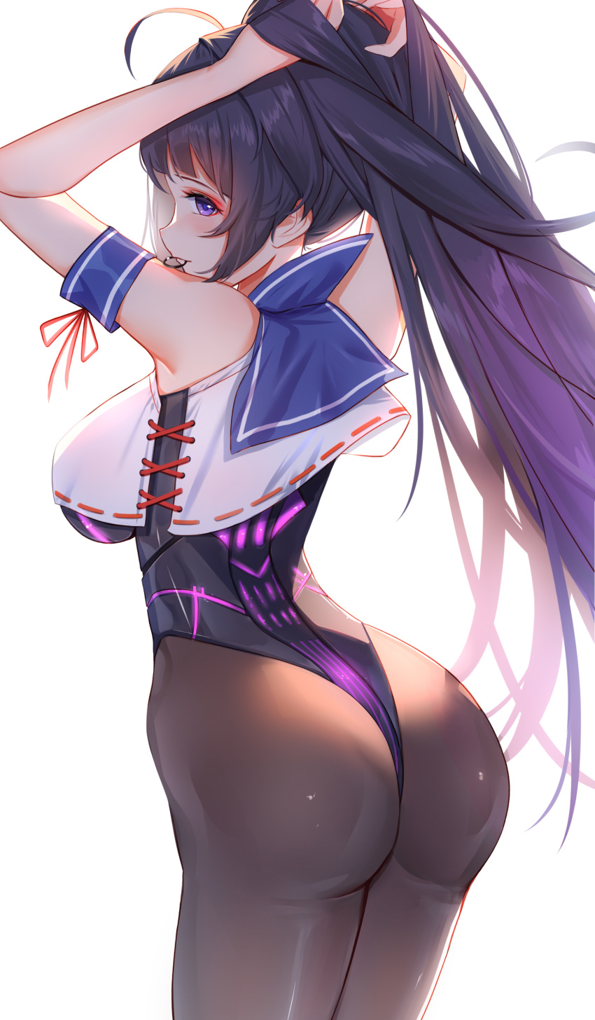1girl, absurdres, ahoge, ass, bangs, benghuai_xueyuan, black_legwear, blue_eyes