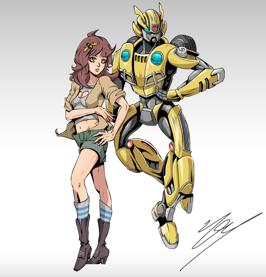 1girl, bangs, bee_hair_ornament, black_footwear, boots, brown_hair, brown_jacket, bumblebee