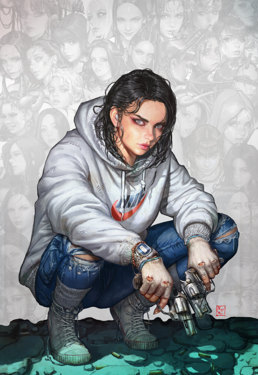 absurdres, black_hair, closed_mouth, commentary_request, denim, earrings, eyebrows, fingerless_gloves