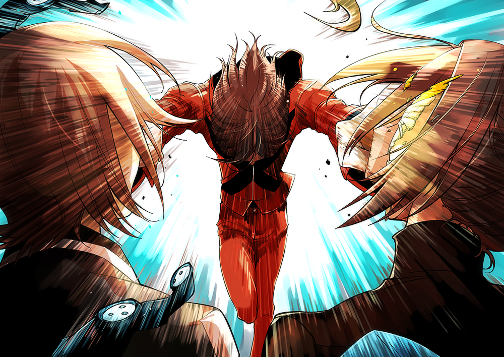 3boys, biker_clothes, bikesuit, broken, broken_mask, brown_hair, commentary_request, emphasis_lines, face_punch, in_the_face, jacket, mask, multiple_boys, nno_(artist), nyarlathotep_(persona_2), pants, persona, persona_2, philemon, punching, red_jacket, red_pants, school_uniform, suou_tatsuya