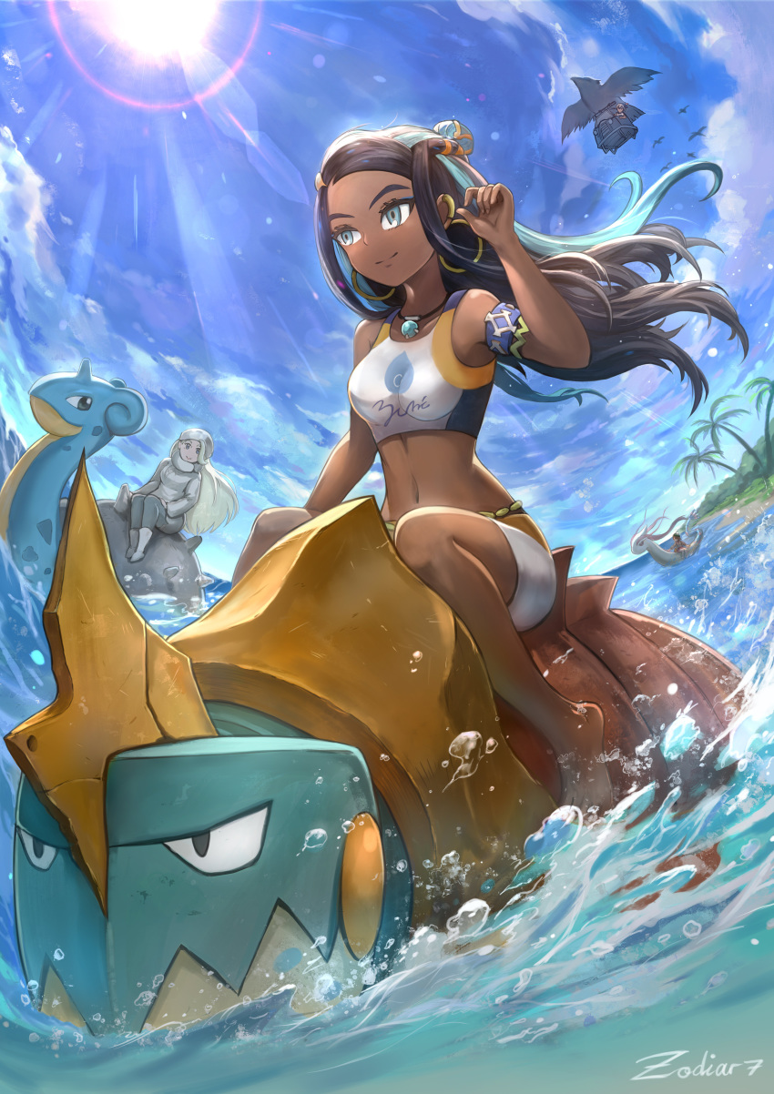 absurdres, aqua_eyes, aqua_hair, barefoot, bird, black_hair, blonde_hair, character_request
