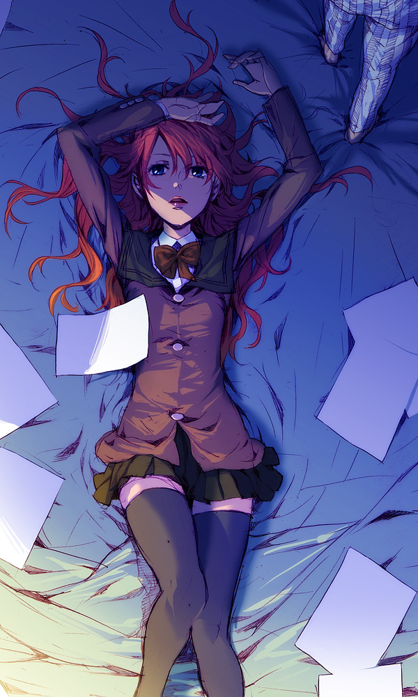 bed, lying, mayumio, on_back, original, pajamas, paper, red_hair, redhead, school_uniform, thigh-highs, thighhighs, zettai_ryouiki