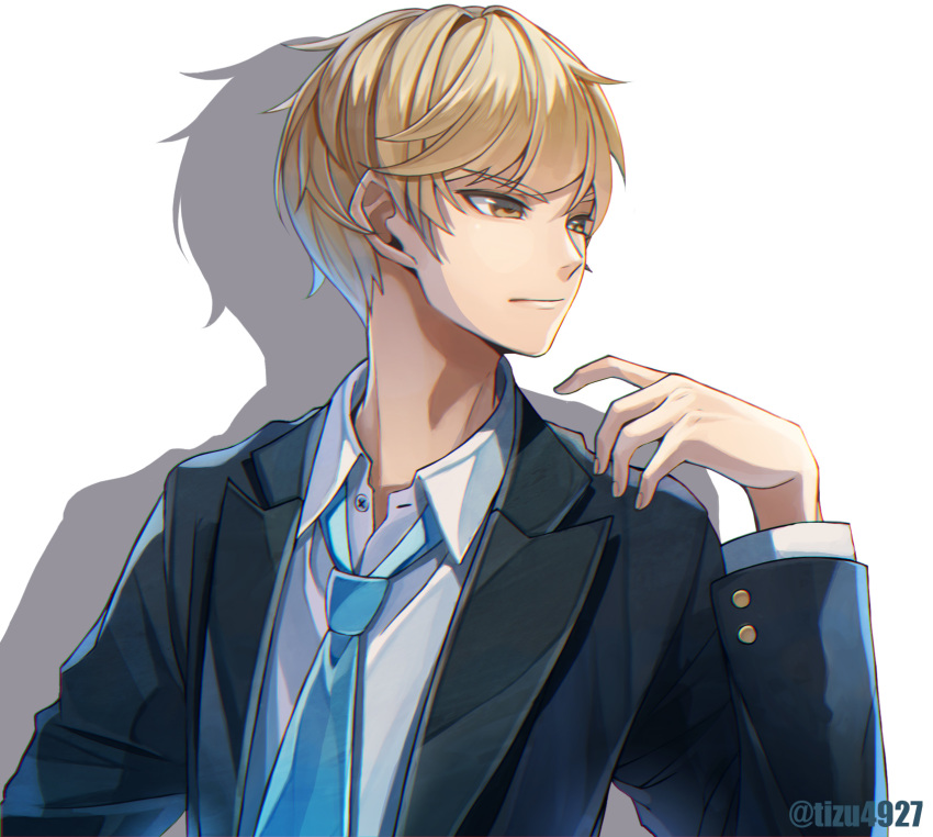 1boy, black_suit, blonde_hair, blue_neckwear, brown_eyes, hand_up, highres, long_sleeves, male_focus, necktie, original, shadow, shirt, simple_background, solo, tonbanlove, twitter_username, upper_body, white_background, white_shirt