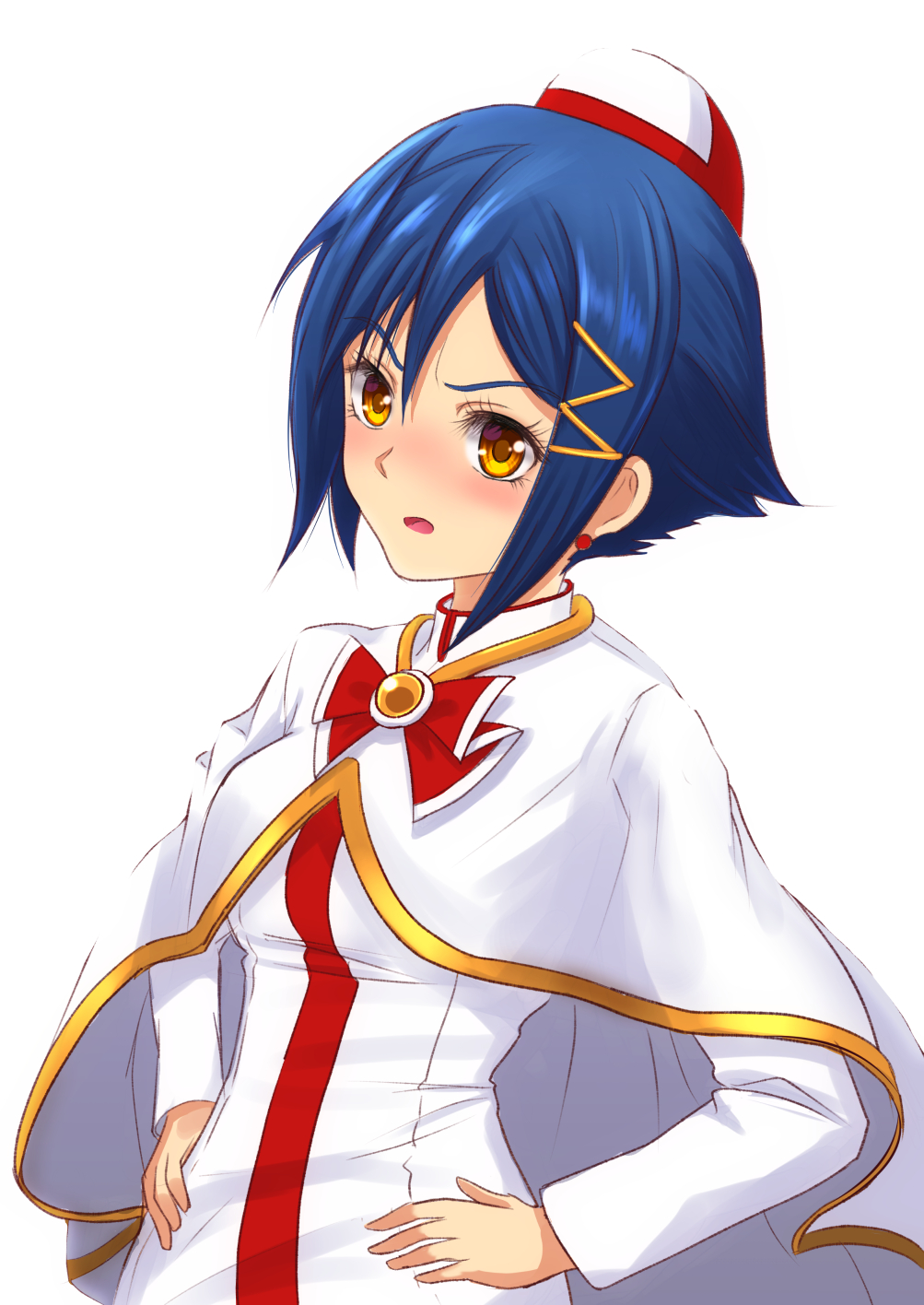 1girl, aika_granzchesta, angry, aria, blue_hair, blush, bob_cut, bow, bowtie, capelet, clip_studio_paint_(medium), dress, earrings, eyelashes, furrowed_eyebrows, gold_trim, hair_ornament, hairclip, hands_on_hips, hat, high_collar, highres, himeya_company_uniform, jewelry, long_sleeves, looking_at_viewer, open_mouth, red_neckwear, simple_background, skin_tight, solo, telaform, upper_body, v-shaped_eyebrows, white_background, white_capelet, white_dress, white_headwear, yellow_eyes