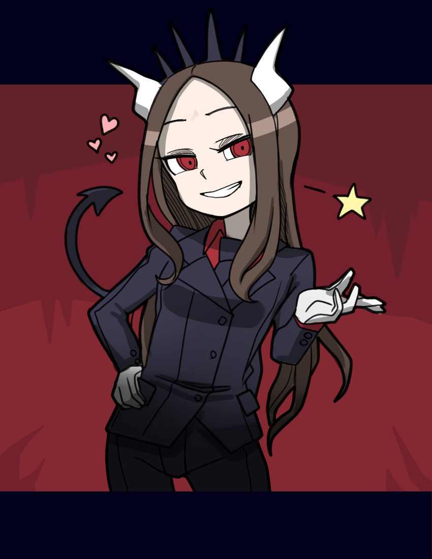 1girl, bangs, black_background, black_jacket, black_neckwear, black_pants, brown_hair, collared_shirt
