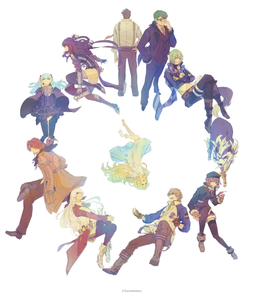 5boys, 5girls, :d, absurdres, adjusting_eyewear, alex_dudley, anklet, ao_no_kiseki