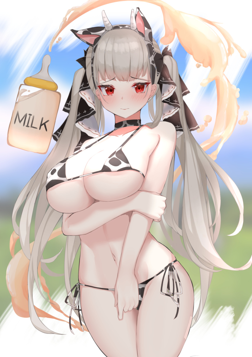 1girl, animal_ears, animal_print, azur_lane, baby_bottle, bangs, bikini, blush