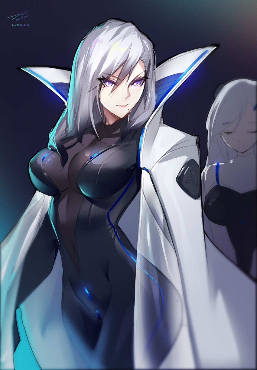 2girls, artist_name, bangs, black_bodysuit, blue_stripes, bodysuit, breasts, closed_eyes