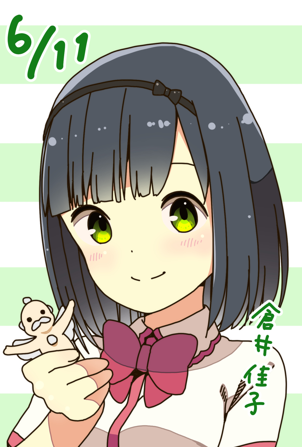1girl, bangs, black_hair, black_hairband, blush, bow, character_doll, character_name