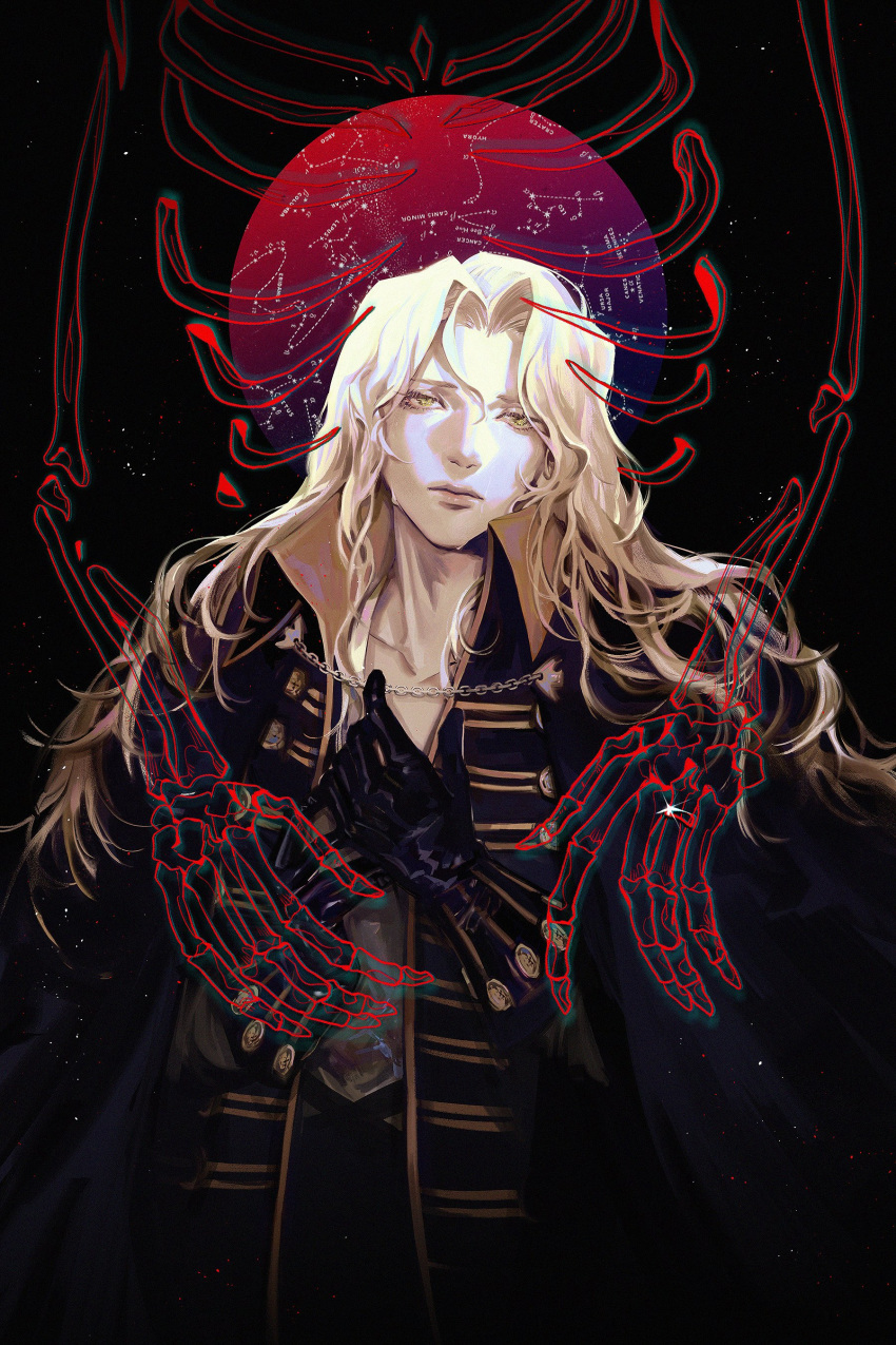 1boy, absurdres, alucard_(castlevania), bishounen, black_gloves, blonde_hair, castlevania, castlevania_(netflix), constellation_print, gloves, hand_on_own_chest, high_collar, highres, long_hair, looking_at_viewer, male_focus, ngop, popped_collar, silver_hair, skeleton, solo, vampire, white_hair, yellow_eyes