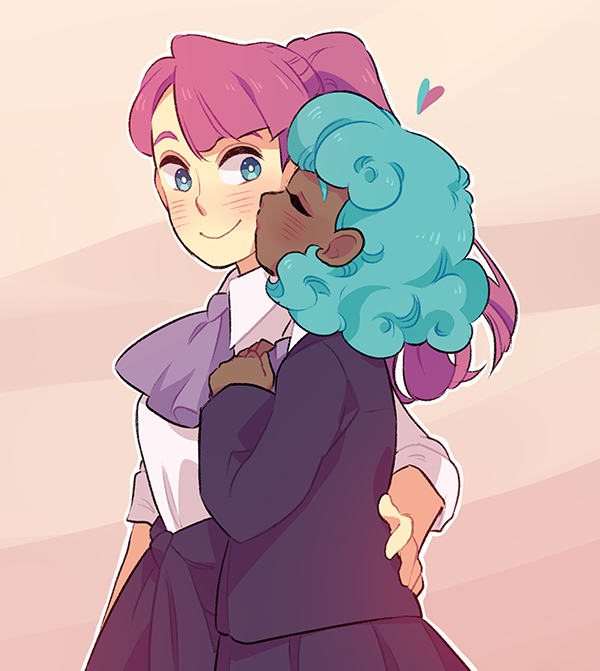 2girls, blazer, blazer_removed, blue_eyes, blue_hair, blue_jacket, cheek_kiss, closed_eyes