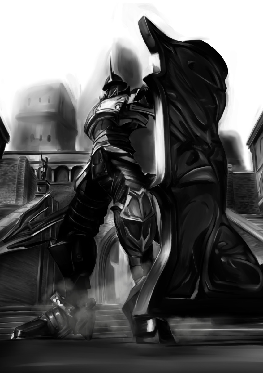 absurdres, aiu_eo, armor, demon's_souls, greyscale, helmet, highres, knight