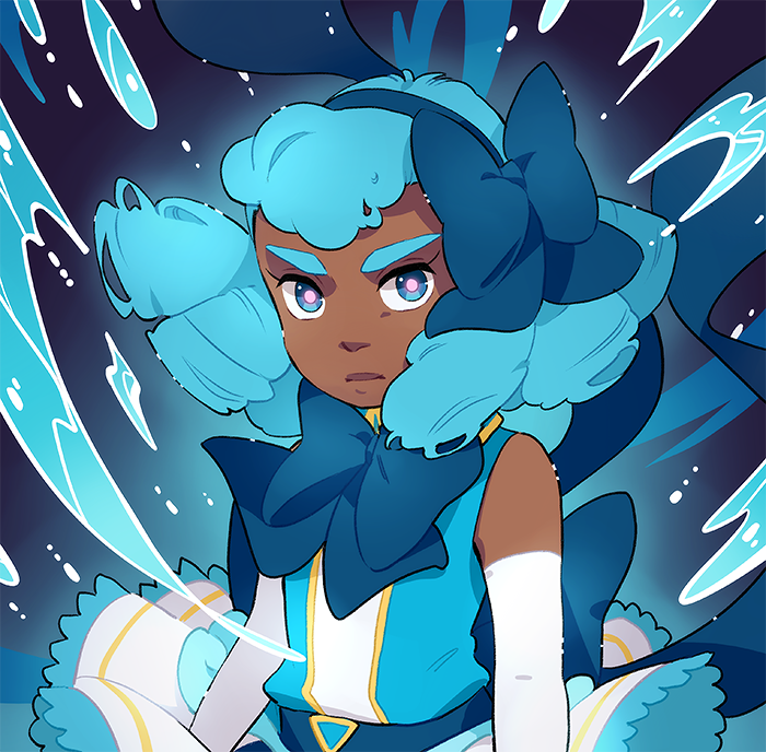 1girl, blue_eyes, blue_hair, bow, cowboy_shot, dark_skin, dress, drill_hair