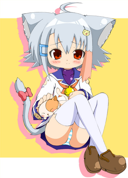 animal_ears, bell, blush, cat, cat_ears, cathead, crossed_legs, hair_ornament