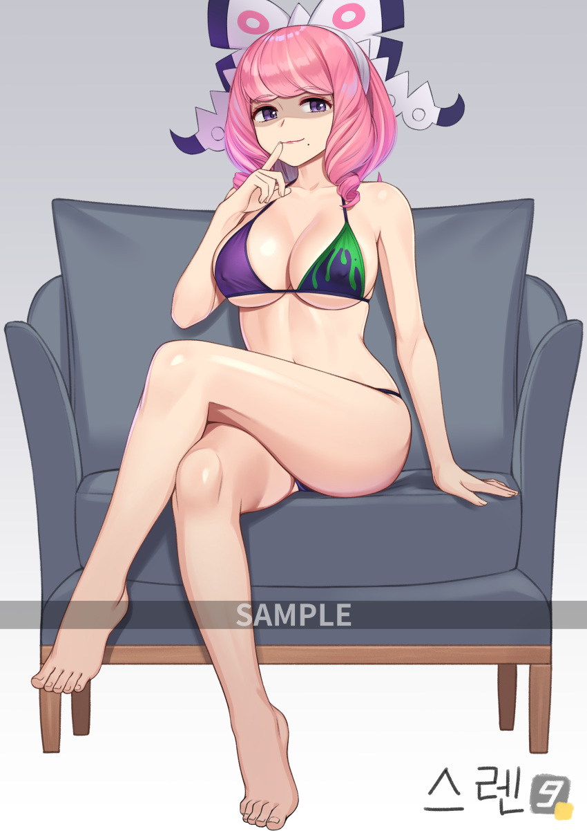 1girl, absurdres, barefoot, bikini, bow, breasts, closed_mouth, collarbone