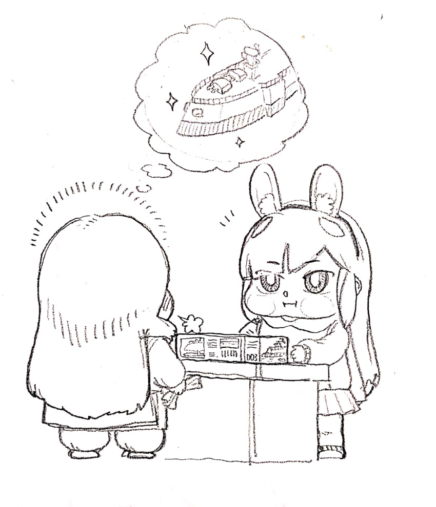 2girls, animal_ears, blush_stickers, counter, eumme_tongtong_gu-i, eyebrows_visible_through_hair, highres, invincible_dragon